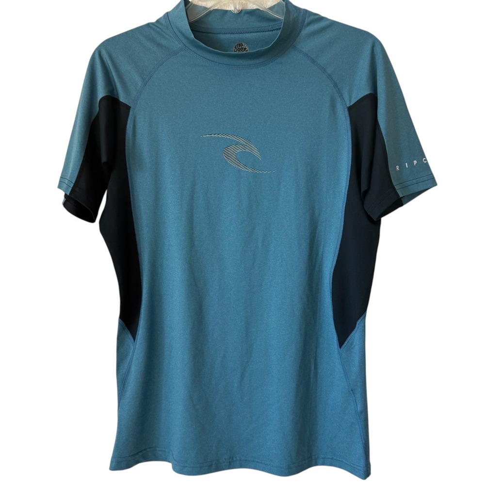 Rip Curl Mens Rash Guard Blue Black Short Sleeve UPF 50+ Swim Shirt Large